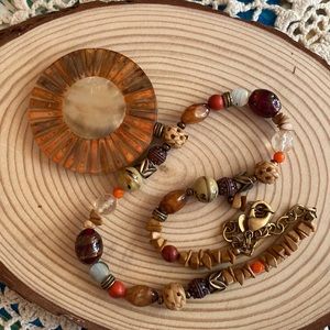 Chico's Wood Medallion Beaded Necklace, Preowned